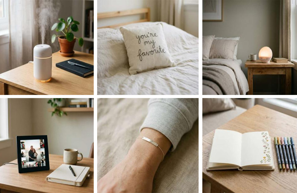Collage of six thoughtful and inexpensive gift ideas for girlfriend