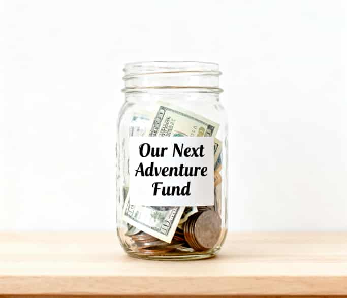 A clear glass jar with money and a label reading "Our Next Adventure Fund"