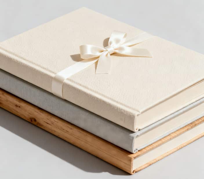 A curated stack of three books with complementary covers, tied with a ribbon for a reader