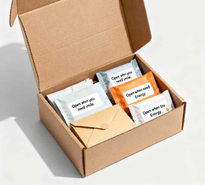 A decorated cardboard box filled with small wrapped gifts and letters for different occasions