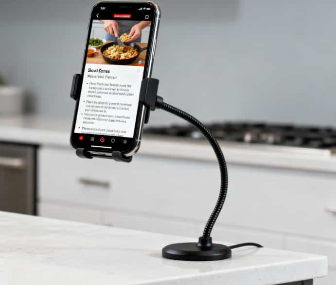 A flexible phone holder gripping a smartphone that displays a cooking tutorial video