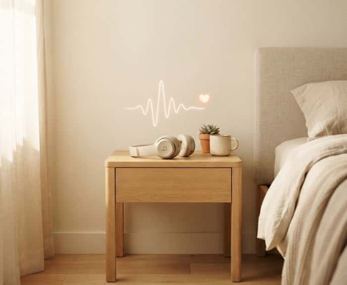 Wireless headphones on nightstand with glowing music waveform and heart icon