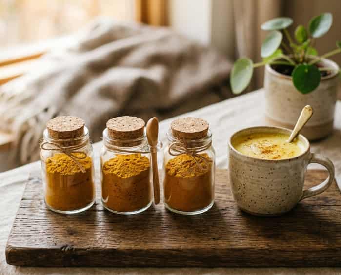 Glass jars with golden latte mix and mushroom blends on tray