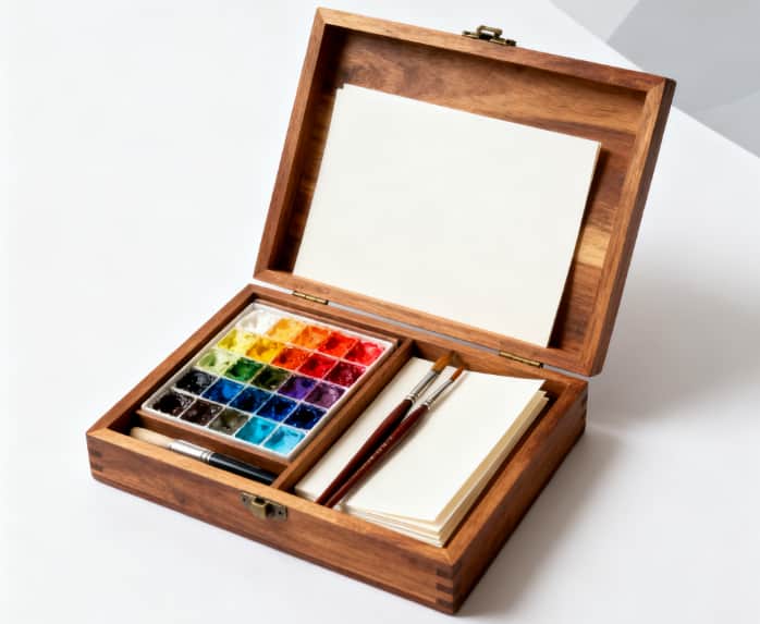 An open wooden box revealing a curated collection of high-end art supplies.