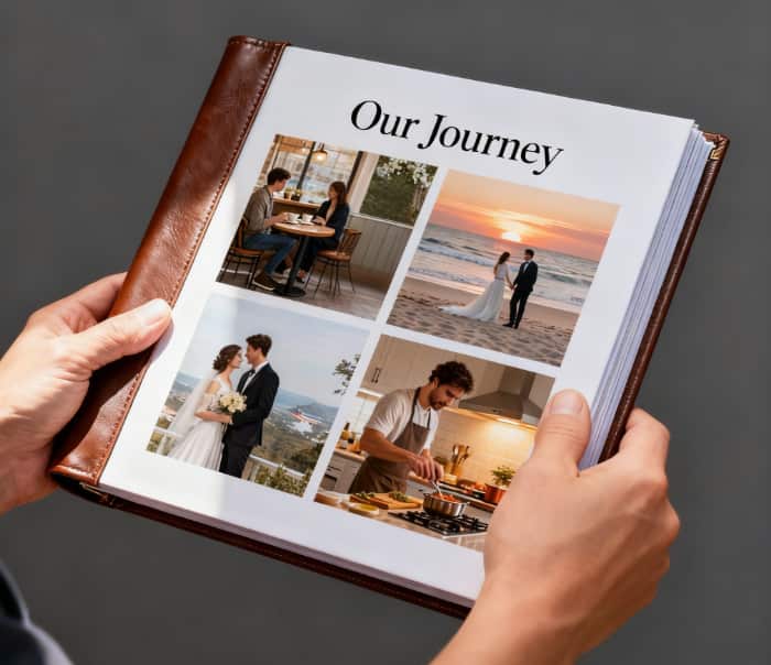 An open photo book filled with cherished memories of a couple, a sentimental gift for her