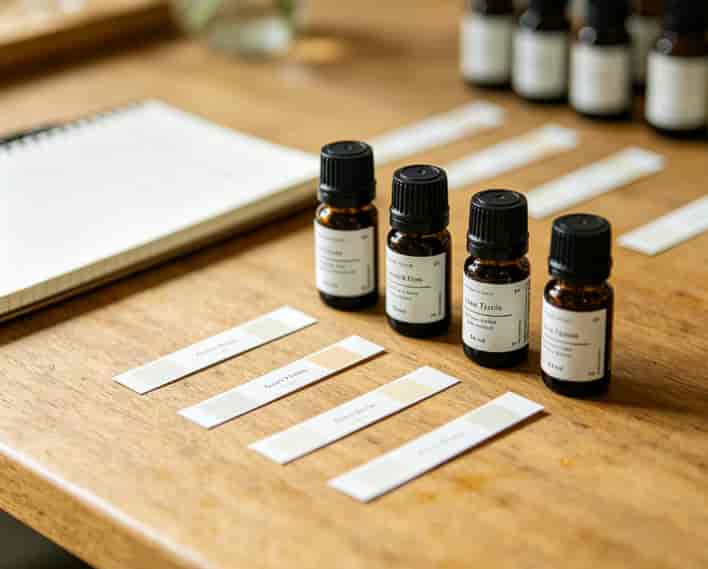 Small dark essential oil bottles, scent-testing strips, and a notebook on a blending table