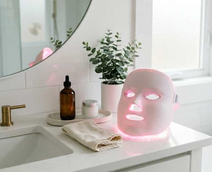 LED light therapy facial mask on clean bathroom vanity