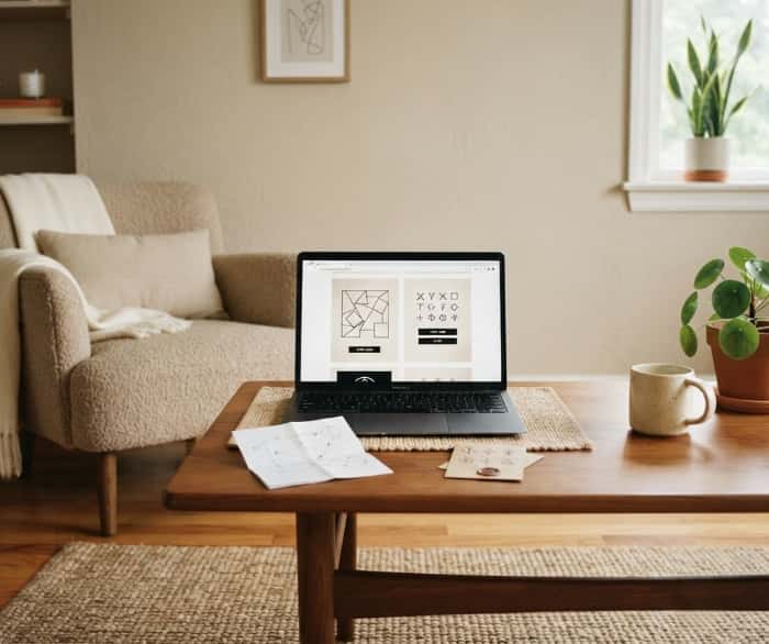 Laptop on coffee table with puzzle clues in living room