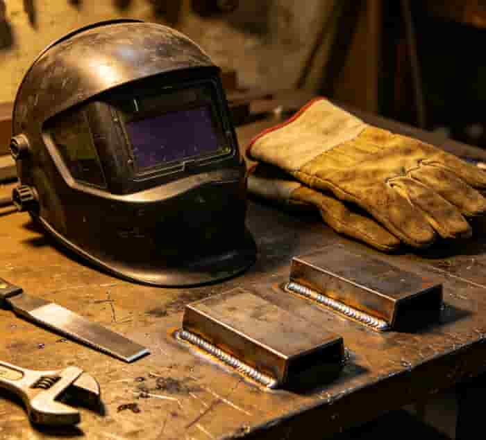 Welding helmet and heavy gloves resting on a workbench beside welded metal pieces and tools