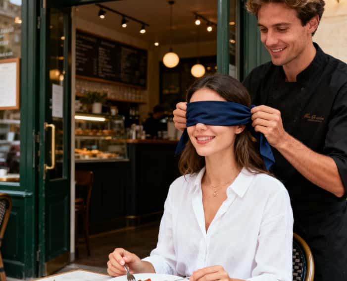 Couple beginning a blindfolded food crawl as a fun experience gift.