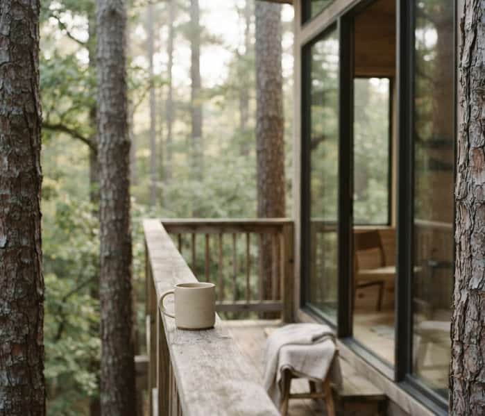 Minimalist luxury treehouse balcony with ceramic coffee mug overlooking pine forest at dawn