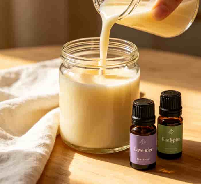 Candle wax being poured into a glass jar with small essential oil bottles and labels on the side