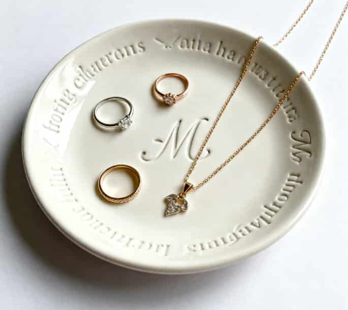 Ceramic jewelry dish engraved with initials, perfect for holding rings and necklaces