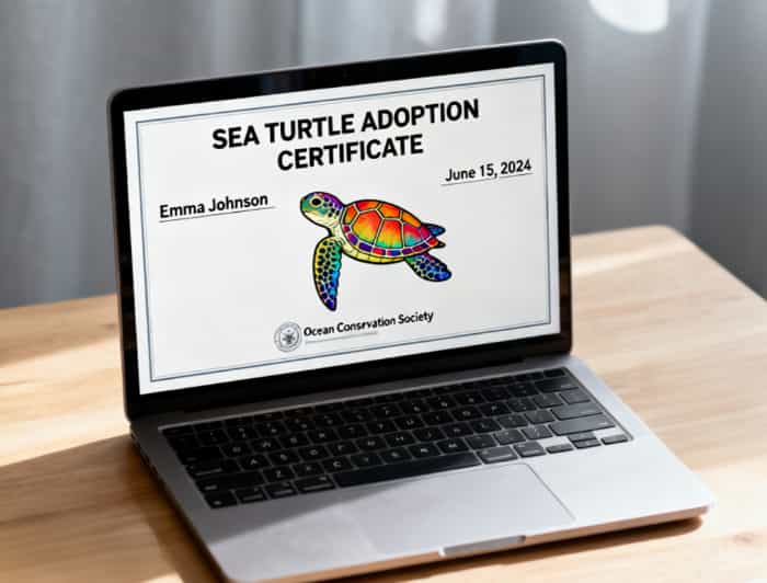 A computer screen showing a wildlife adoption certificate dedicated in her name.
