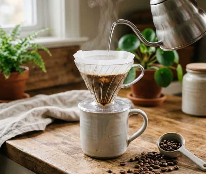 Pour-over coffee dripper on ceramic mug with beans nearby