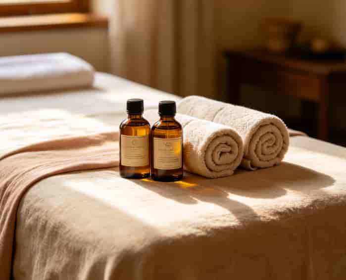 Massage oil bottles and rolled towels neatly placed on a massage table with soft drapes