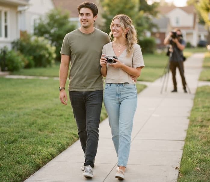 Young couple walking on sidewalk holding camera with photographer in background