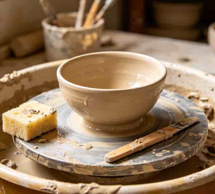 Pottery wheel with a freshly shaped clay bowl and sculpting tools, surrounded by wet clay