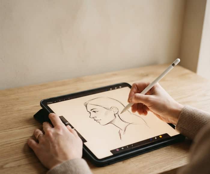 Hand drawing digital portrait on iPad in warm light