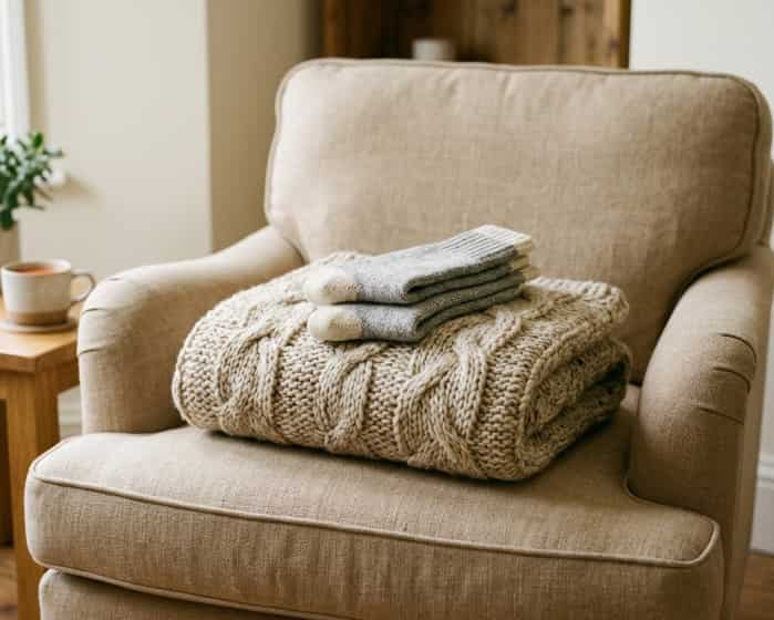 Chunky knit throw blanket with soft socks on cozy armchair