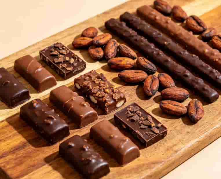 Assortment of craft chocolate bars and raw cocoa beans arranged on a wooden tasting board