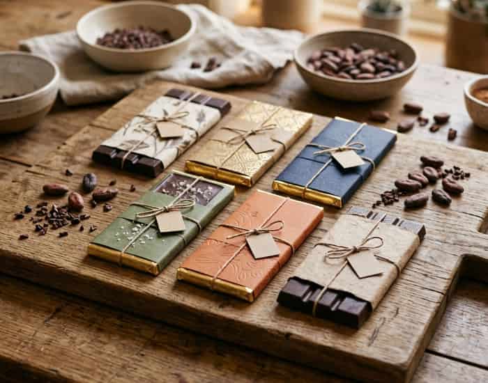 Artisan chocolate bars arranged on wooden board