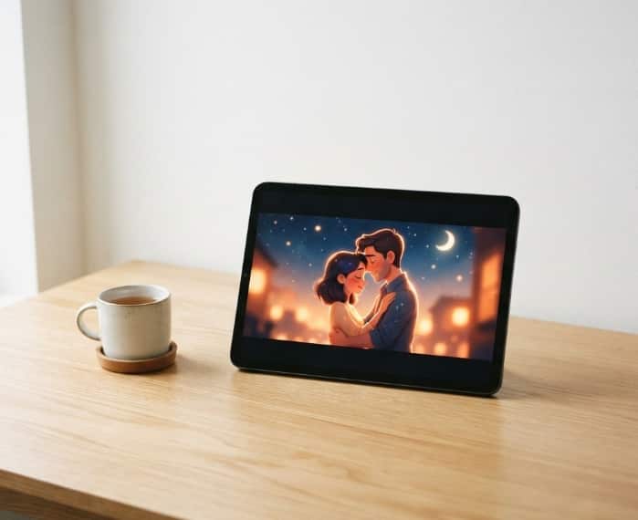 Tablet displaying romantic couple illustration on wooden desk