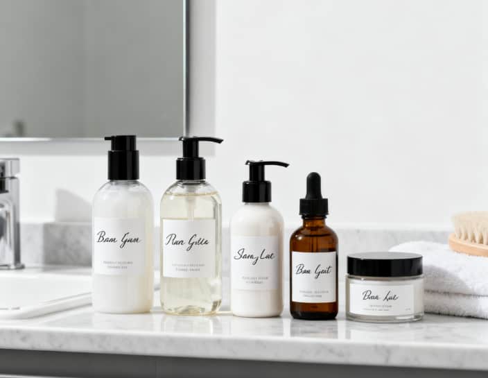 Skincare bottles with her name on the labels, arranged neatly on a vanity.