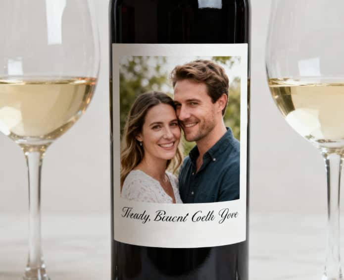 A wine bottle with a custom label featuring your photo, beside two full glasses.
