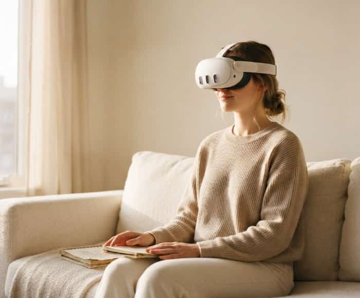 Young woman relaxing on cozy sofa wearing VR headset at home