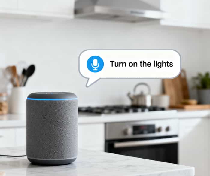 A smart speaker in a cozy kitchen, responding in a custom voice for a personal touch.