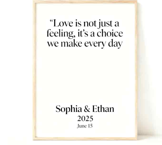 Custom song lyric art print with names and date, framed as a thoughtful girlfriend gift