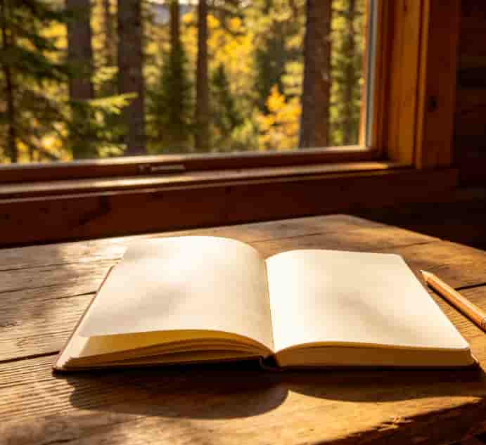 Open blank journal and pencil on a wooden table with a forest view through a cabin window