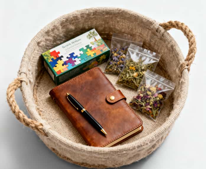 A curated digital detox kit with a journal and tea, a practical apology gift for reconnecting without screens.