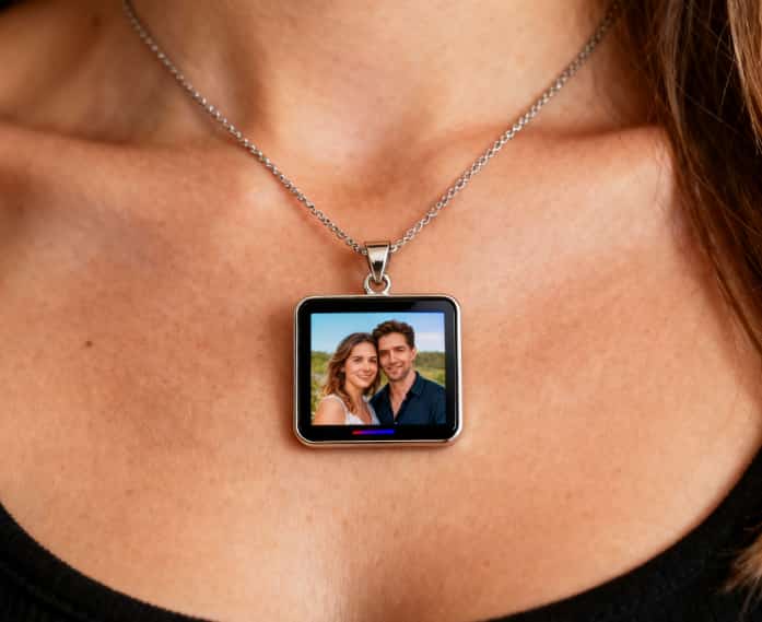 A close-up of a digital locket around her neck, displaying a favorite photo of you both.
