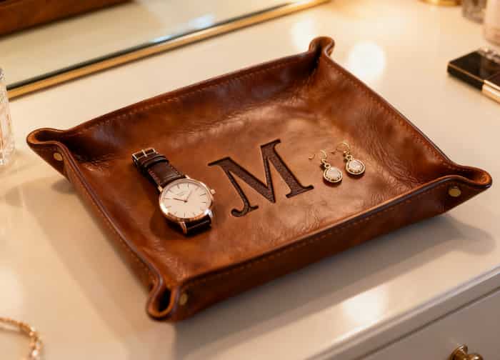 An embossed leather valet tray holding her daily jewelry on a dresser.
