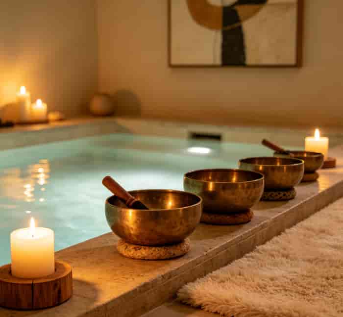 Singing bowls and candles near a shallow flotation pool in a dimly lit wellness room