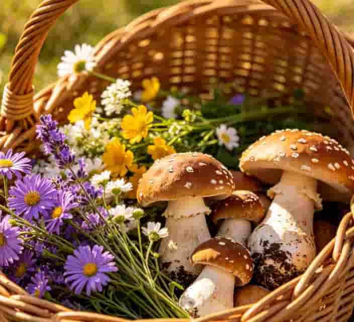 Open wicker picnic basket filled with foraged wildflowers and mushrooms on a grassy meadow