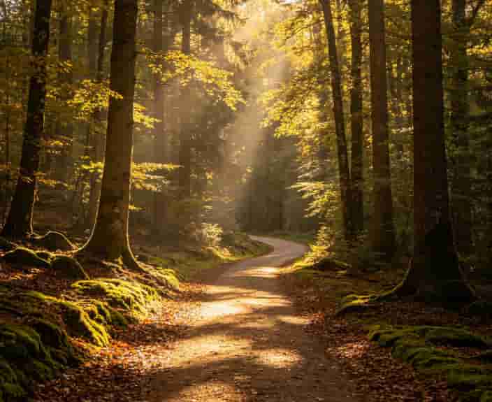 Peaceful forest trail with tall trees and sunlight filtering through the leaves