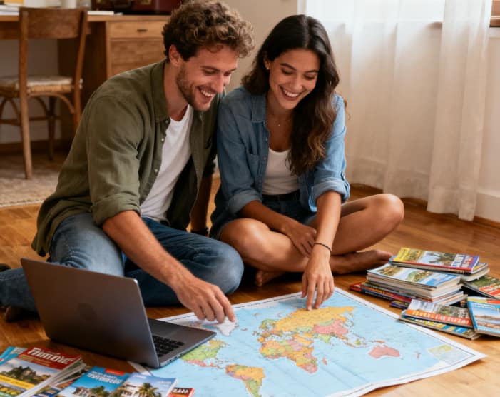 Couple planning a dream vacation during a themed date night at home.