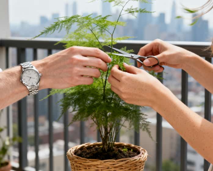 Two pairs of hands gently pruning a bonsai tree together as a shared project.