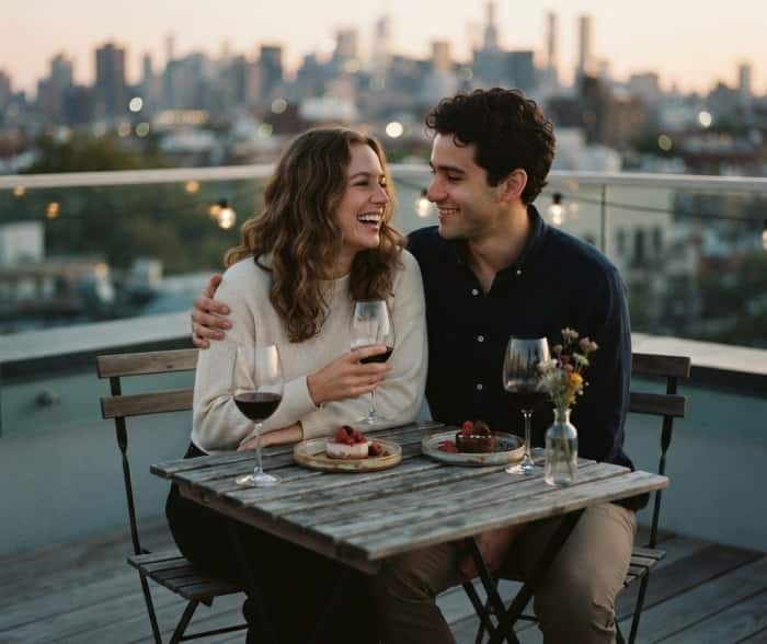 A young couple laughing on a city rooftop terrace at sunset, holding wine glasses with desserts on the table.