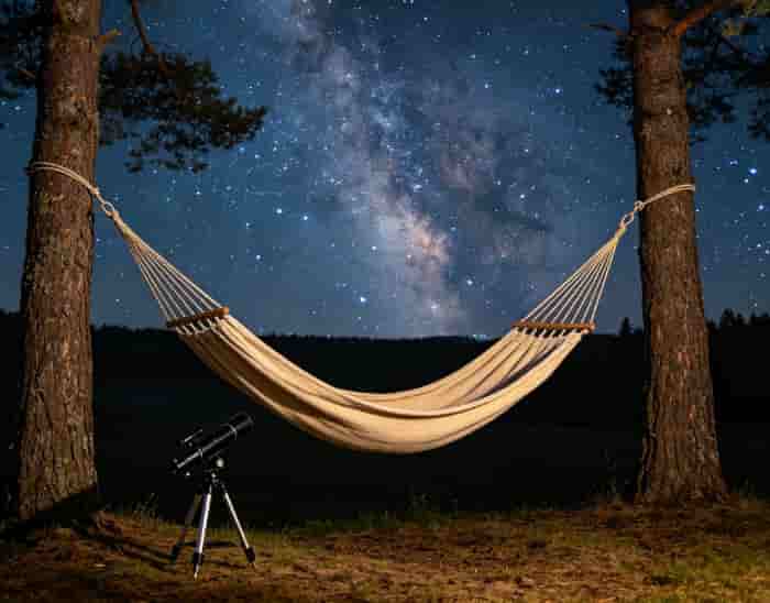 Two empty hammocks suspended under a starry sky with a small telescope nearby