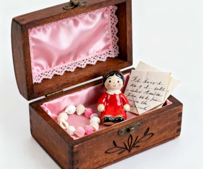 An open handmade wooden box with a silk lining, holding sentimental trinkets.