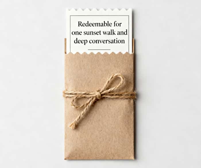 Handmade adventure coupon book with romantic IOU ideas, tied with twine