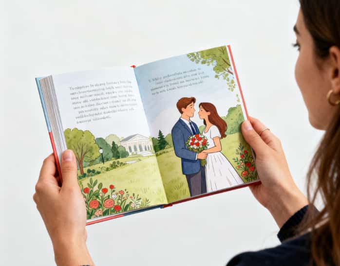 A woman smiling as she reads a custom storybook filled with illustrations of her relationship.