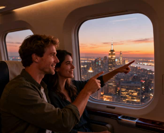 Romantic helicopter tour over city lights as a luxurious experience gift.