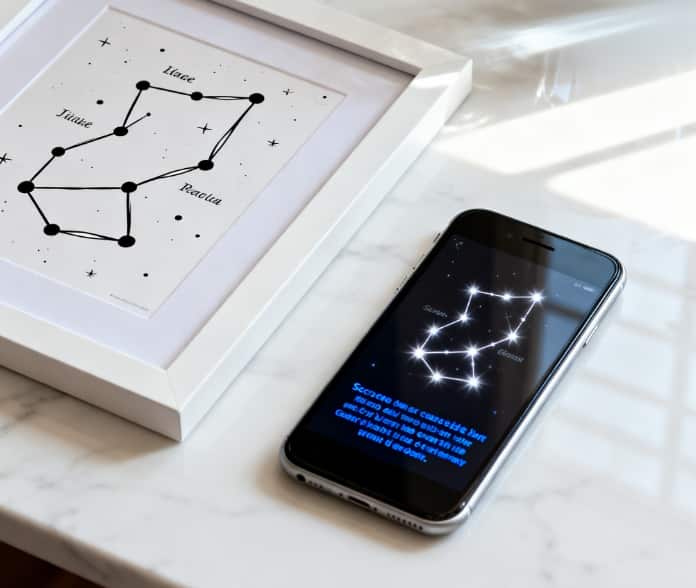 Interactive star map apology gift showing a framed print and a phone with an animated constellation for a meaningful date.