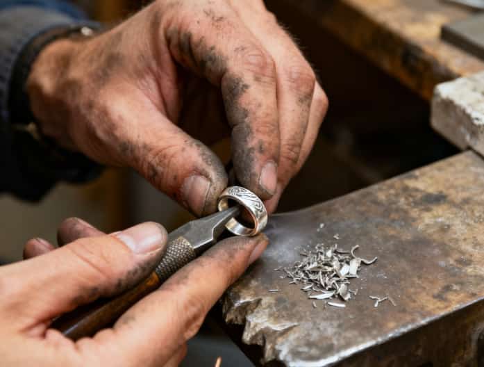Couple crafting a ring together in a jewelry forging class.