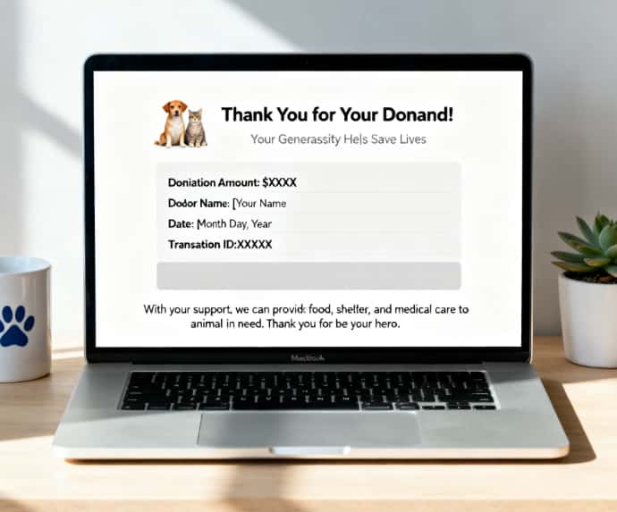 Laptop showing a donation confirmation page to an animal shelter, a meaningful altruistic gift
